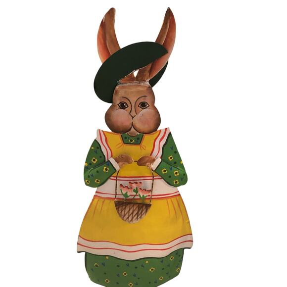 Vintage Dept 56 Rustic Trio Of Easter Bunny’s Metal Hand Painted Dressed In Best - Picture 4 of 10